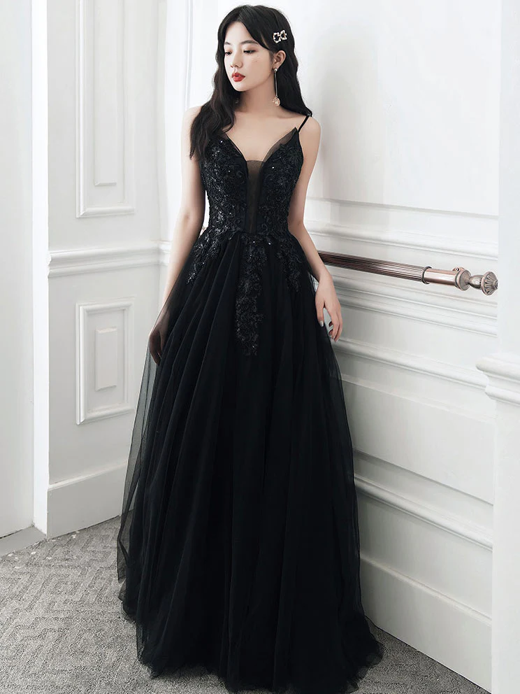 Black Long Prom Dresses, Aline Black Formal Graduation Dresses - Deanwangkt