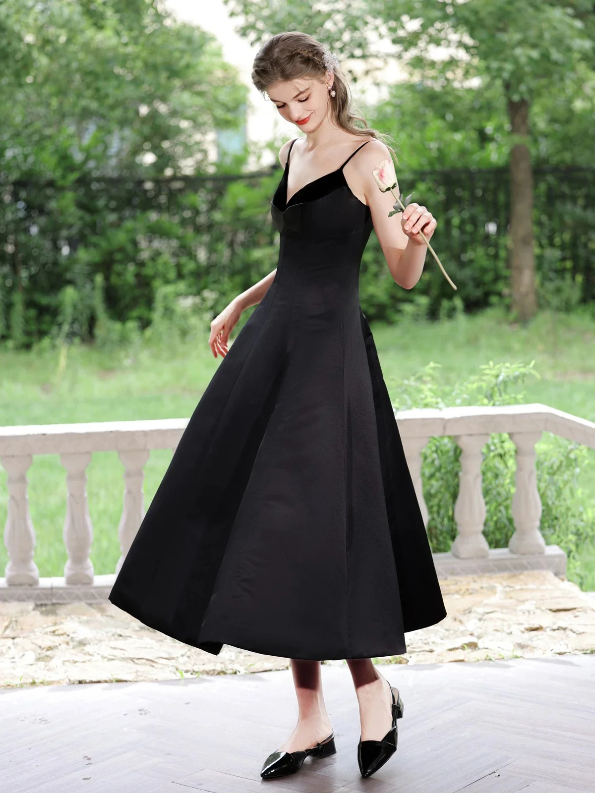 Simple V Neck Satin Tea Length Black Prom Dress, Black Formal Dress - Deanwangkt