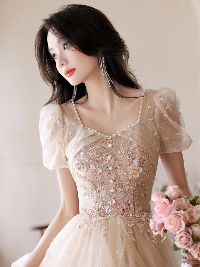 A-Line Champagne Tulle Sequin Long Prom Dress, Champagne Formal Dress - Deanwangkt