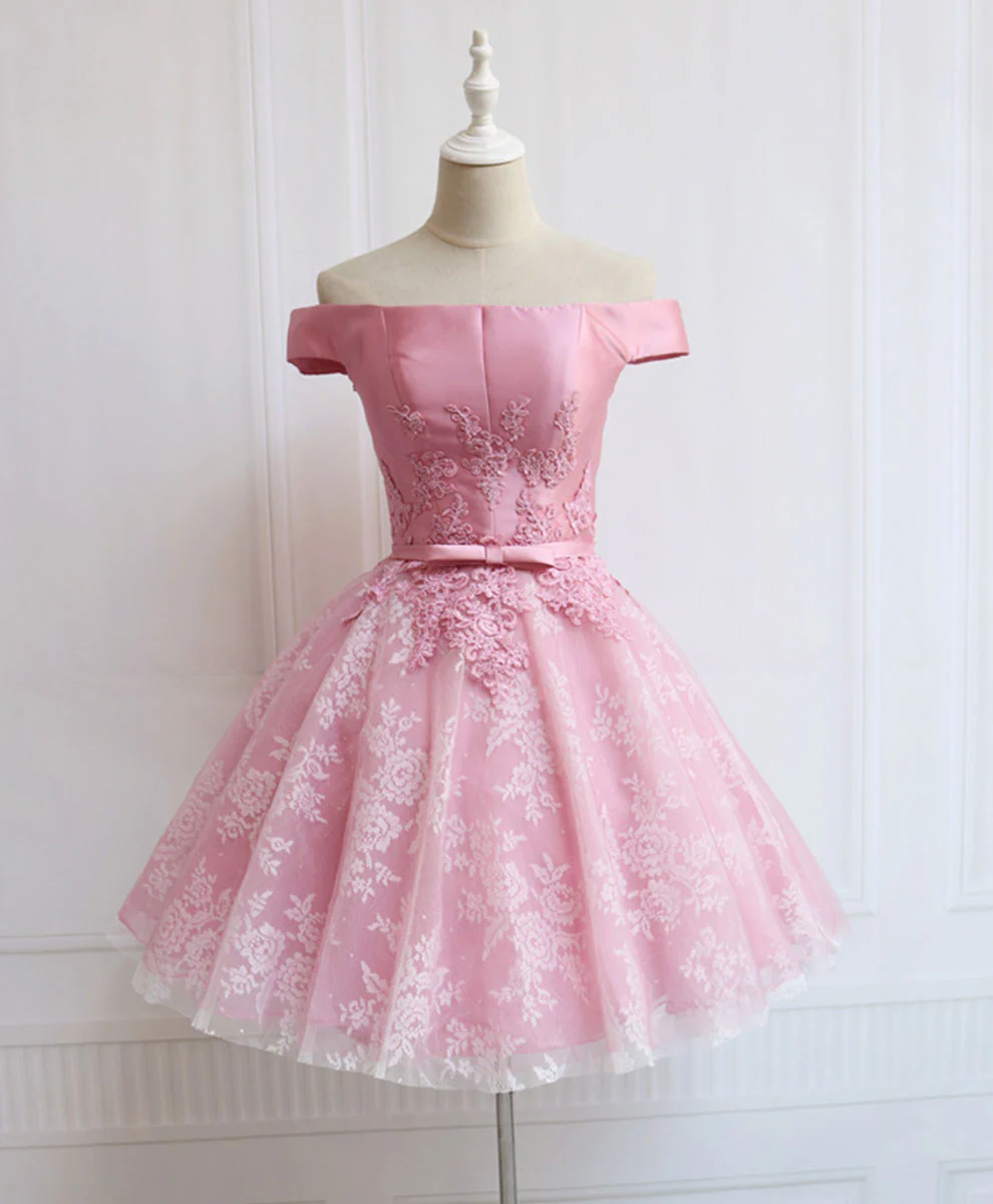Tulle Of Shoulder Lace Short Pink Prom Dress Lace Homecoming Dress - Deanwangkt