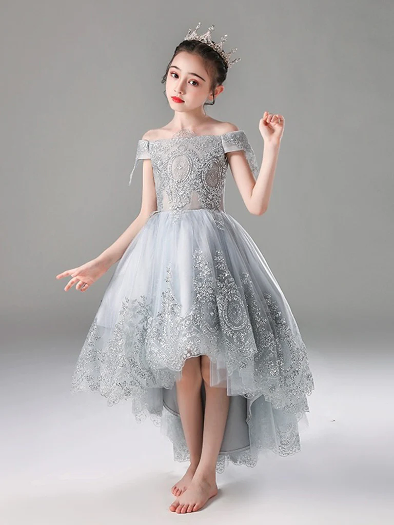 A-Line Gray Tulle Lace High Low Flower Girl Dress - Deanwangkt