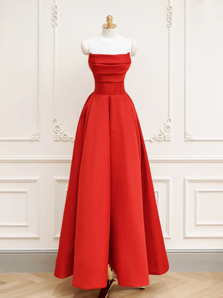 Red A-Line Satin Long Prom Dress, Red Long Formal Dress - Deanwangkt