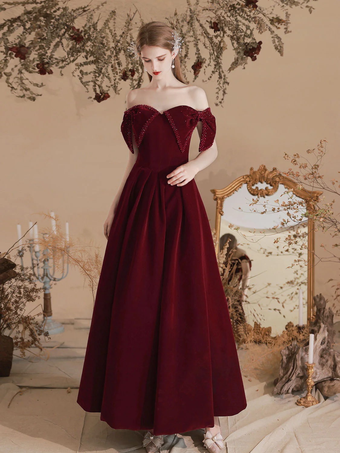 Velvet Sweetheart Neck A-Line Burgundy Prom Dress, Burgundy Evening Dresses - Deanwangkt
