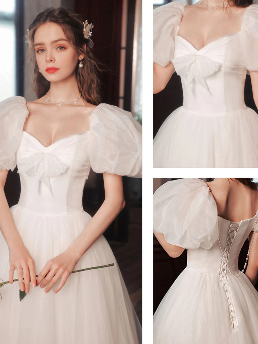 White Tulle Puffy Sleeves Long Prom Dress, White Tulle Sweet 16 Dresses - Deanwangkt
