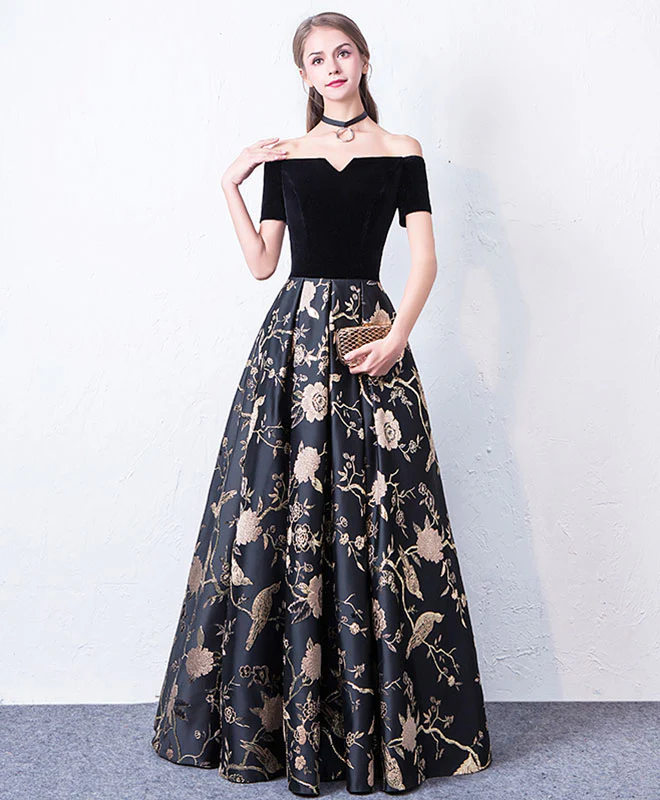 Black Off Shoulder Long Prom Dress, Black Evening Dress - Deanwangkt