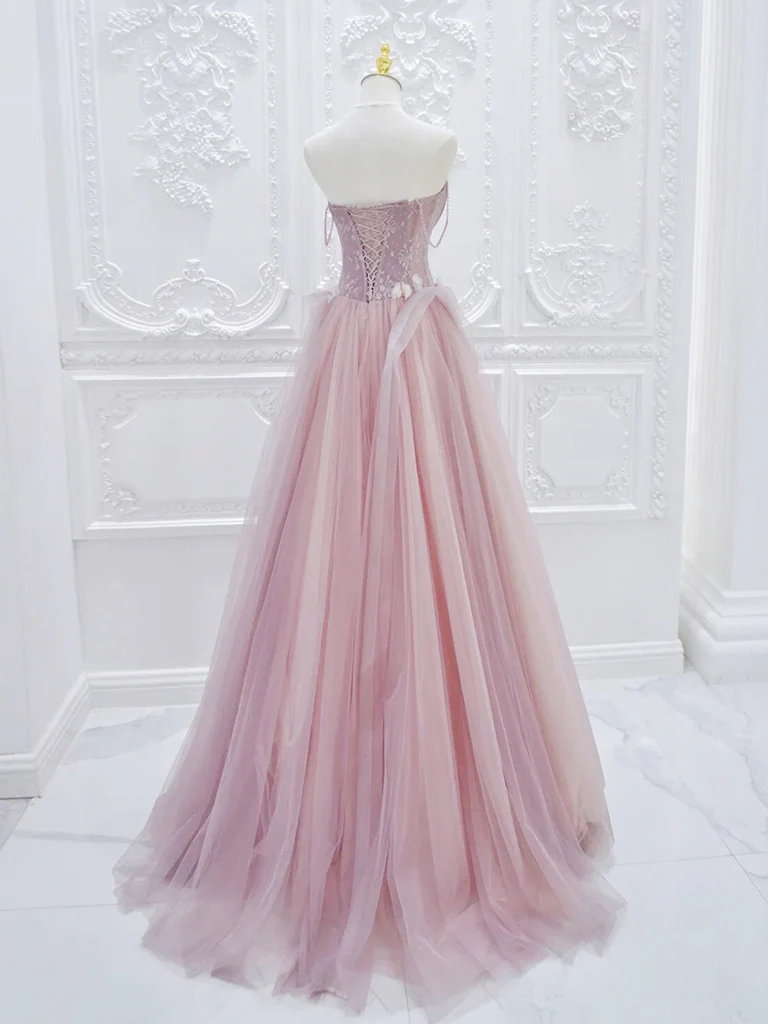 A-Line Tulle Lace Pink Long Prom Dress, Pink Tulle Lace Long Formal Dress - Deanwangkt