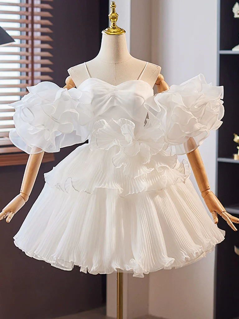 White Sweetheart Neck Organza Short Prom Dress, White Homecoming Dress - Deanwangkt