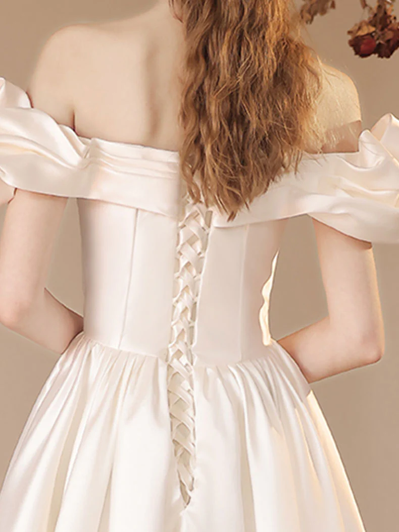 A-Line Off Shoulder Satin Beige Long Prom Dress, Beige Formal Evening Dress - Deanwangkt