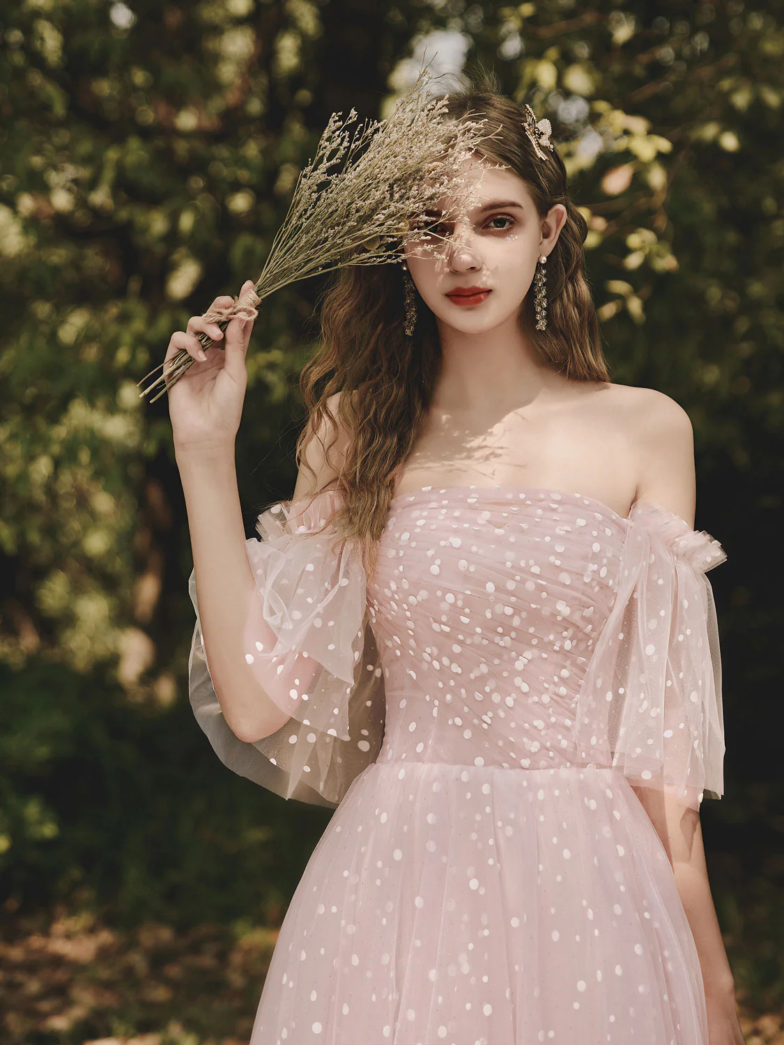 Aline Pink Tulle Long Prom Dresses, Pink Off Shoulder Formal Graduation Dresses - Deanwangkt
