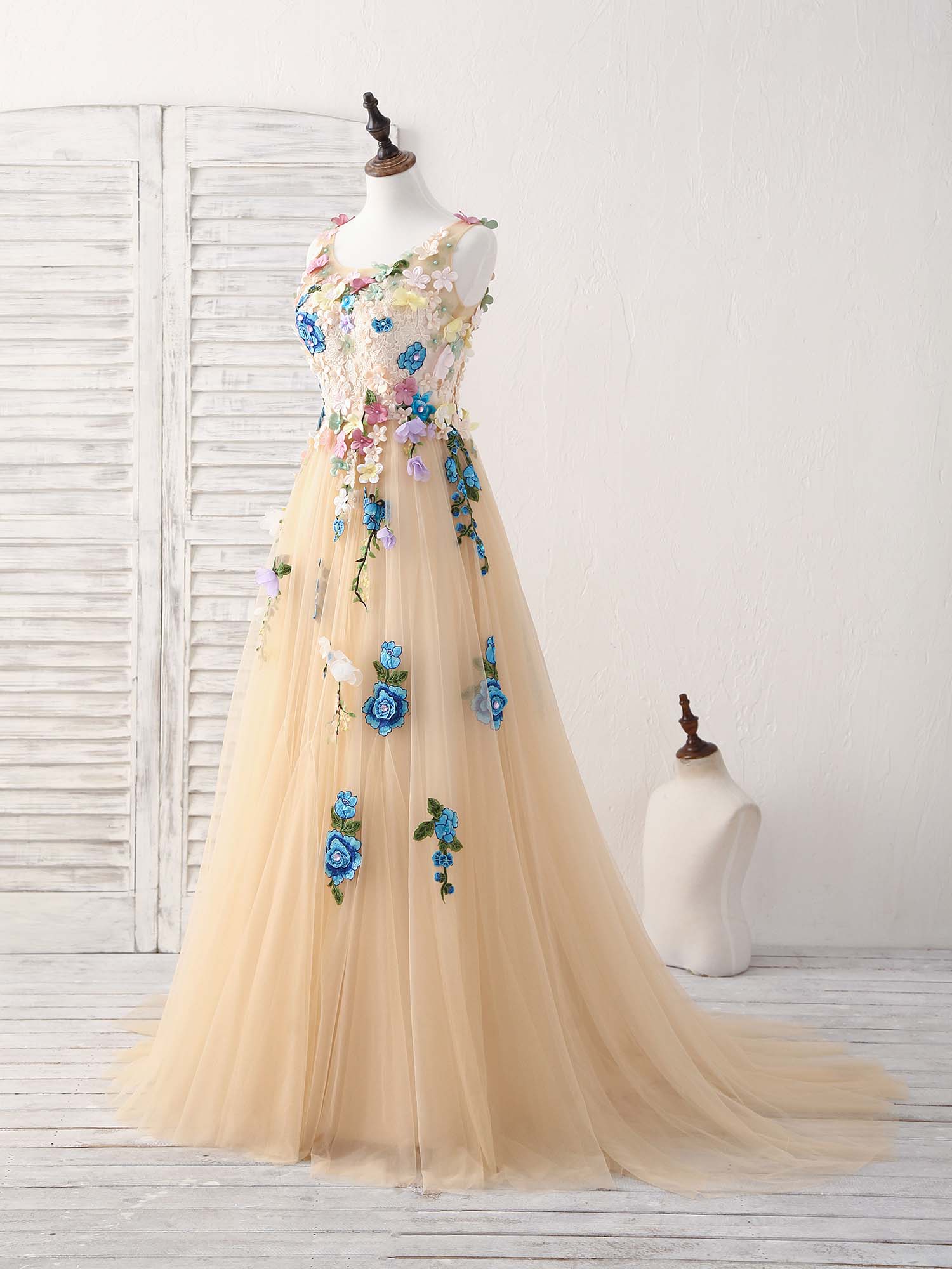 Tulle Lace Applique Long Prom Dress, Ivory Evening Dress - Deanwangkt
