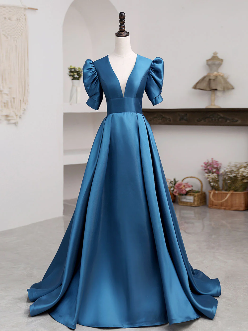 A-Line V Neck Satin Long Prom Dresses, Blue Satin Long Evening Dress - Deanwangkt