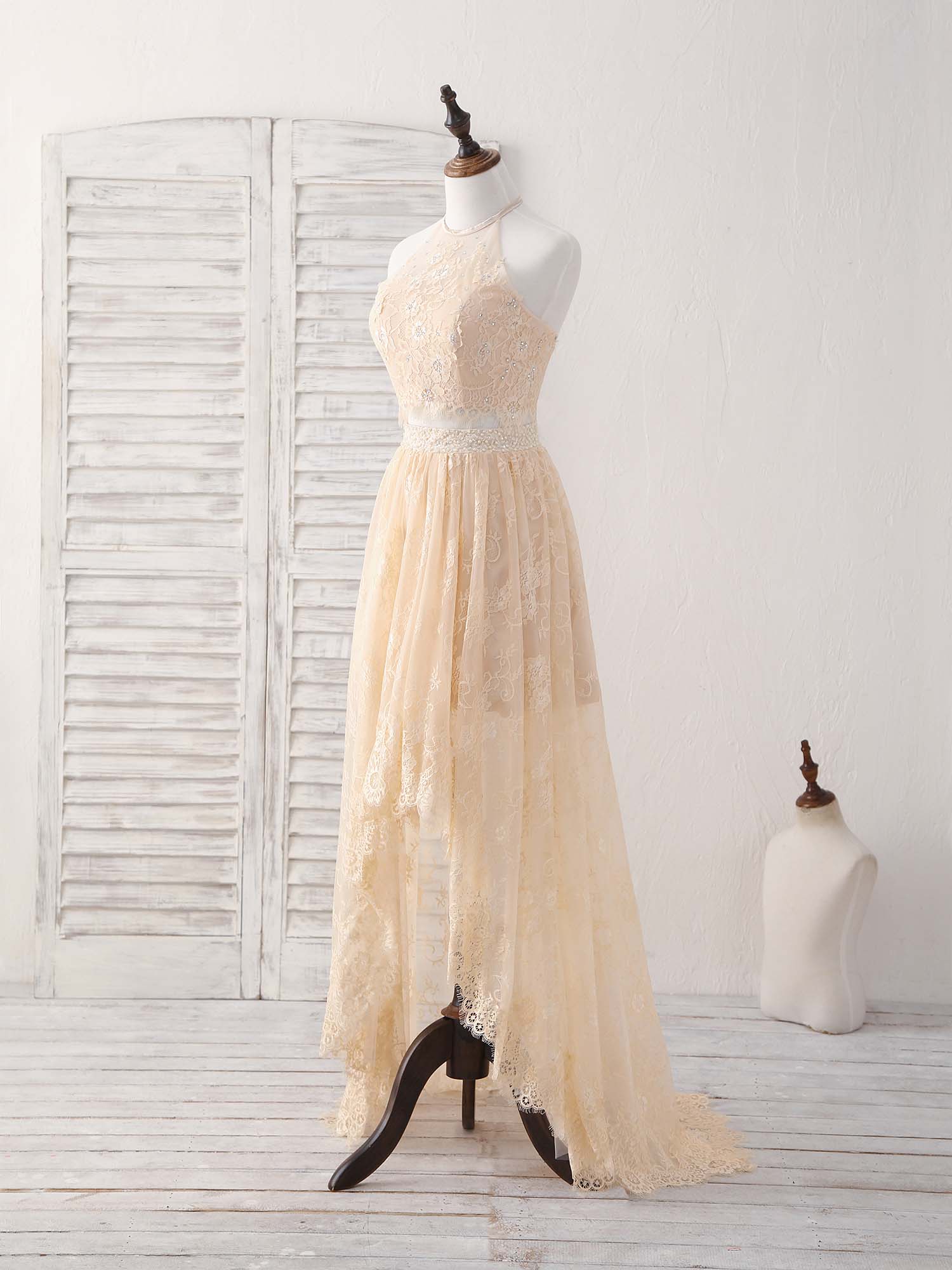 Champagne Two Pieces Lace Long Prom Dress Lace Evening Dress - Deanwangkt