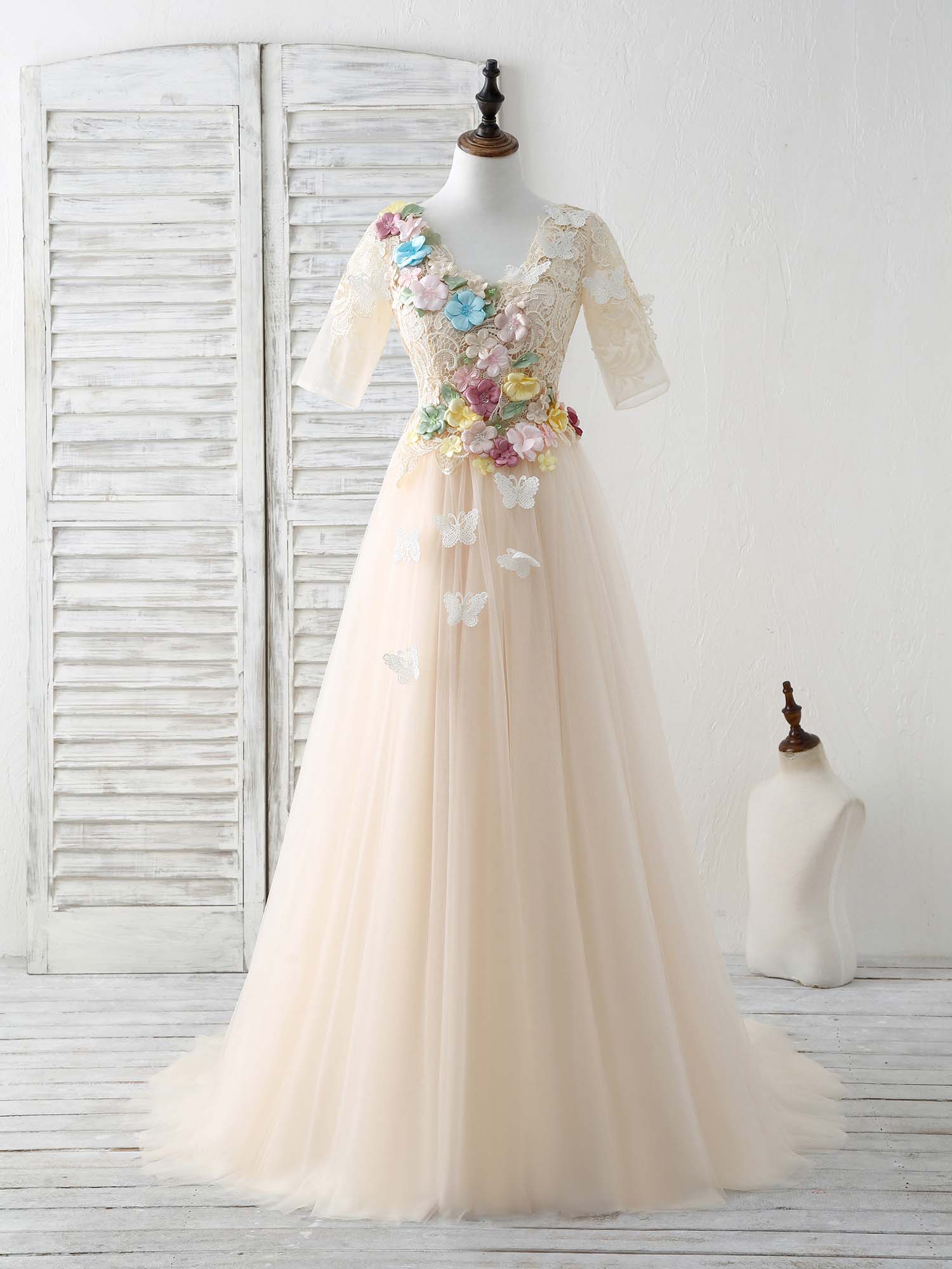 Unique Champagne Lace Applique Tulle Long Prom Dress, Evening Dress - Deanwangkt