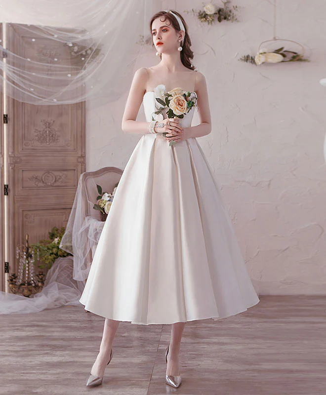 Simple Round Neck Tea Length Prom Dress White Bridesmaid Dress - Deanwangkt