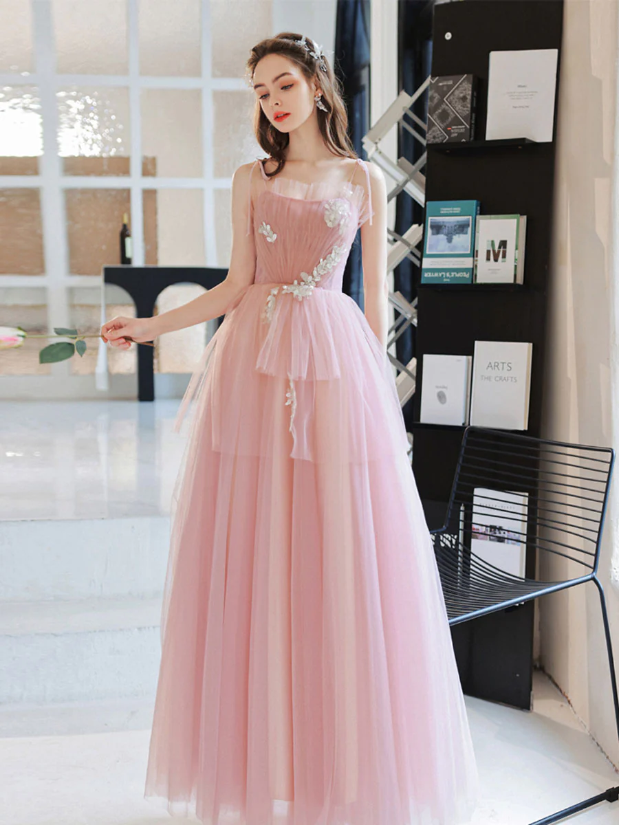 Pink Tulle A line Long Prom Dress, Pink Tulle Evening Dresses - Deanwangkt