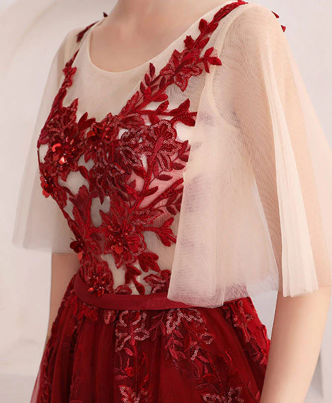 Burgundy Lace Long Prom Dress, Burgundy Formal Long Graduation Dress - Deanwangkt