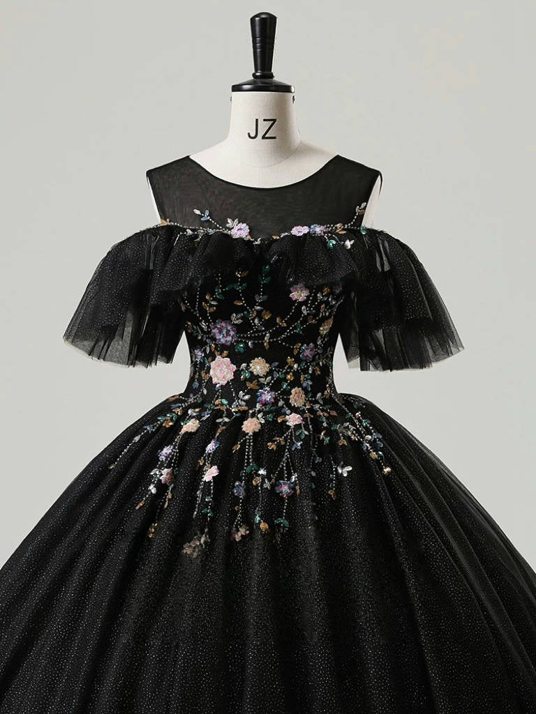 A-Line Round Neck Tulle Lace Black Long Prom Dress, Black Long Sweet 16 Dress - Deanwangkt