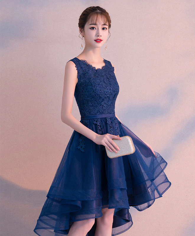 Dark Blue Tulle Lace Short Prom Dress, Blue Tulle Lace Bridesmaid Dress - Deanwangkt