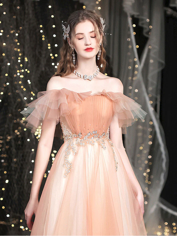 Champagne Sweetheart Neck Tulle Long Prom Dress, Tulle Formal Dress - Deanwangkt