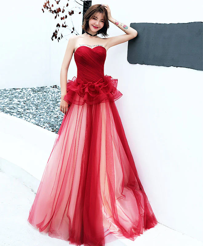Simple Burgundy Tulle Long Prom Dress, Burgundy Evening Dress - Deanwangkt