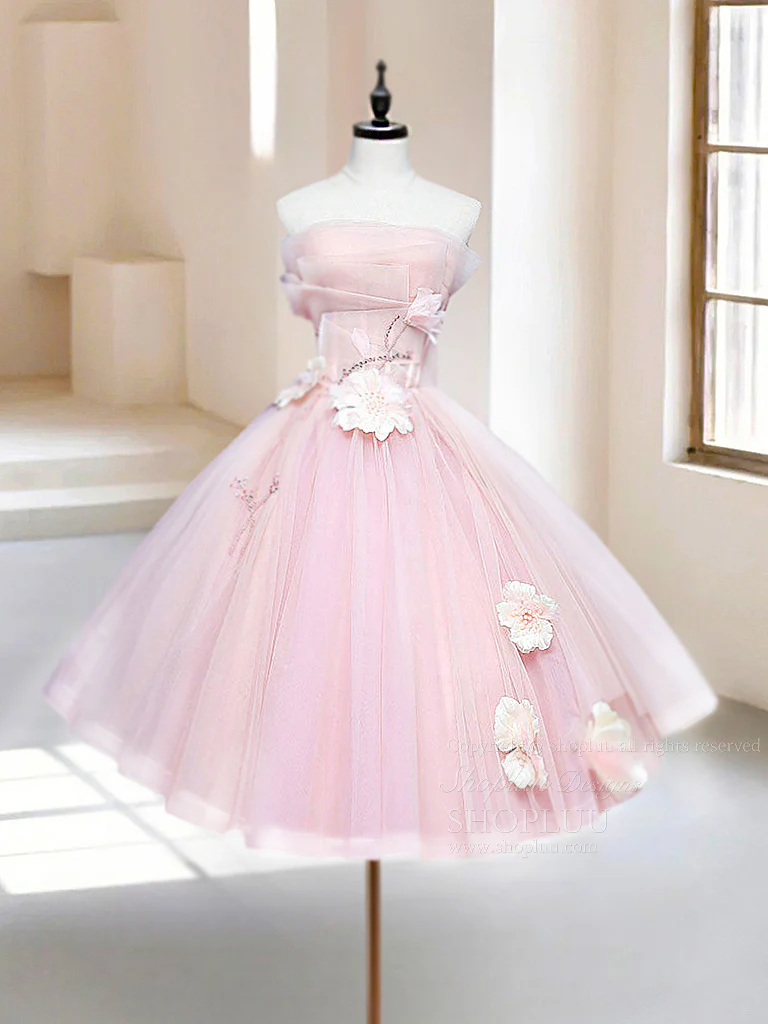 A-Line Tulle Beads Pink Short Prom Dress, Pink Homecoming Dress - Deanwangkt