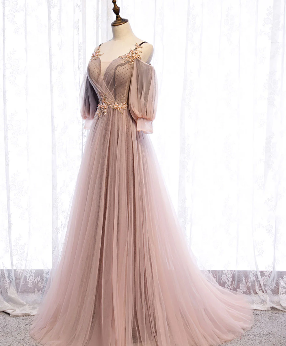 Pink V Neck Tulle Lace Long Prom Dress Pink Tulle Formal Dress - Deanwangkt