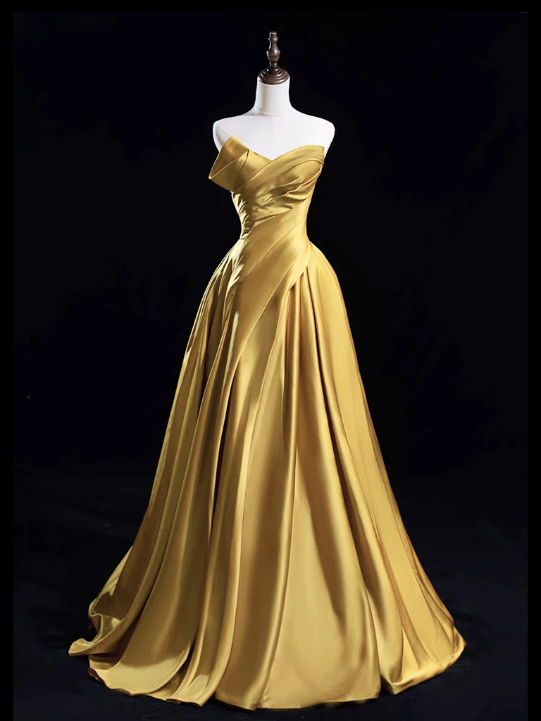 A-Line V Neck Satin Gold Long Prom Dress, Gold Long Formal Dress - Deanwangkt