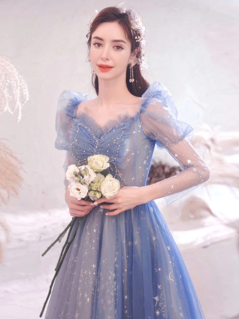 Blue Tulle Lace Long Prom Dress, Blue Tulle Formal Graduation Dresses - Deanwangkt