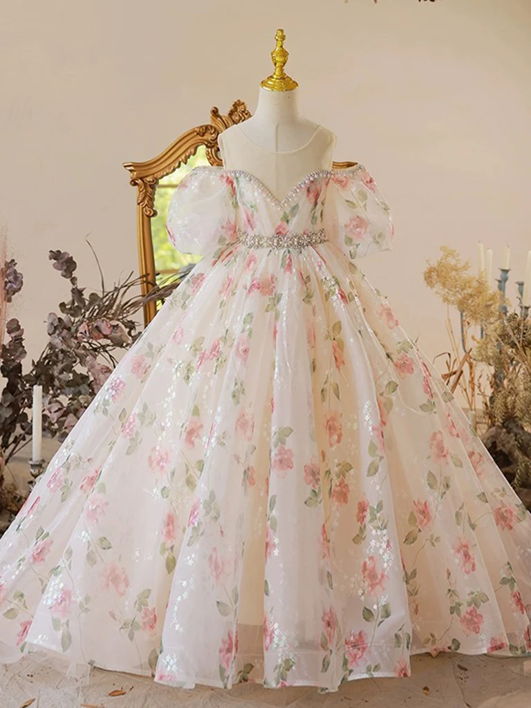 A-Line Off Shoulder Tulle Lace Champagne Long Flower Girl Dress - Deanwangkt