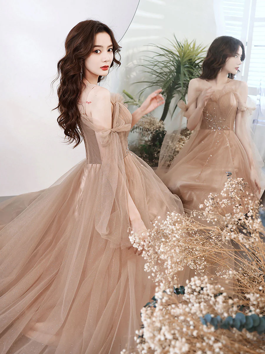 A line Tulle Beads Champagne Long Prom Dress, Champagne Graduation Dresses - Deanwangkt