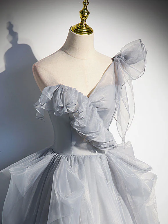 Gray Sweetheart Tulle Long Prom Dress, Gray Evening Dress - Deanwangkt