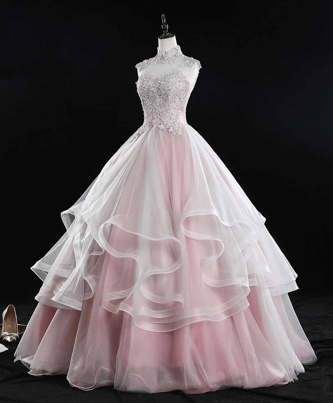Pink High Neck Tulle Lace Long Sweet 16 Dress Tulle Lace Pink Prom Dress - Deanwangkt