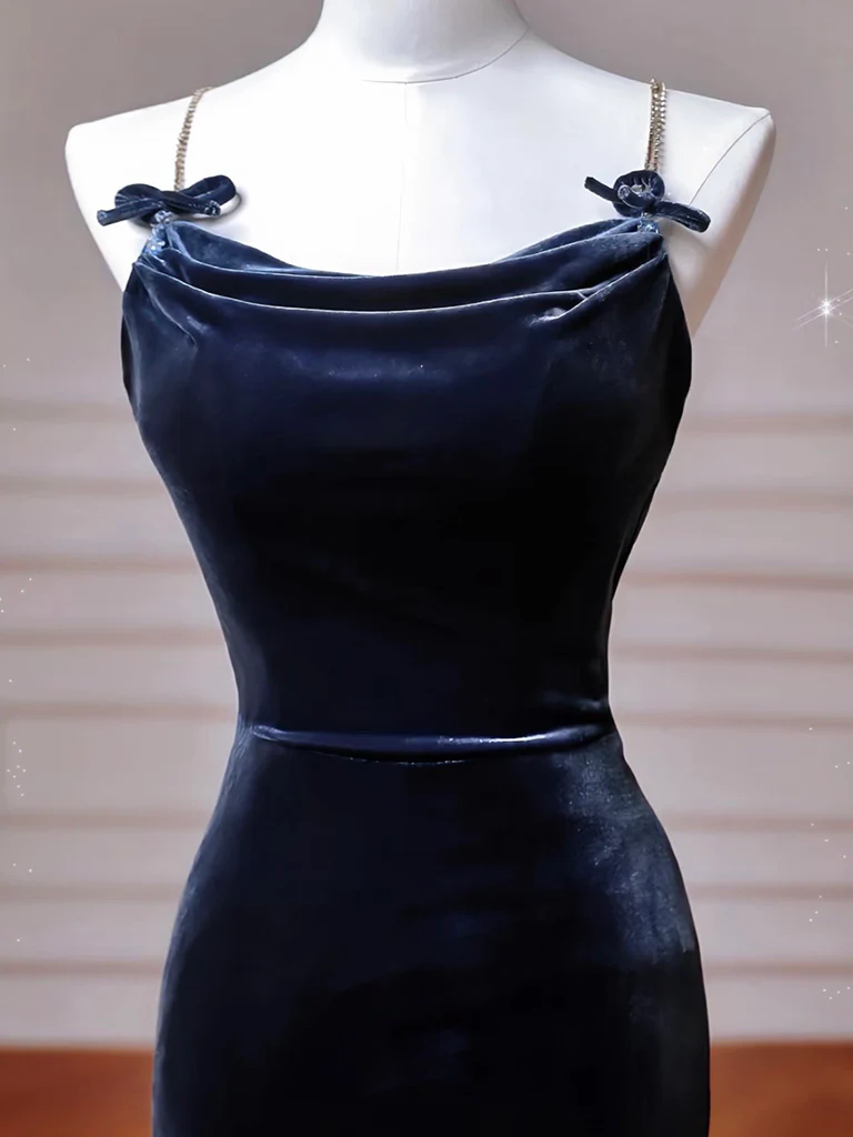 Simple Mermaid Velvet Dark Blue Long Prom Dress, Dark Blue Long Formal Dress - Deanwangkt