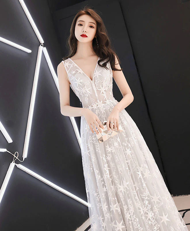 Gray Tulle Lace Long Prom Dress, Gray Lace Evening Dress - Deanwangkt