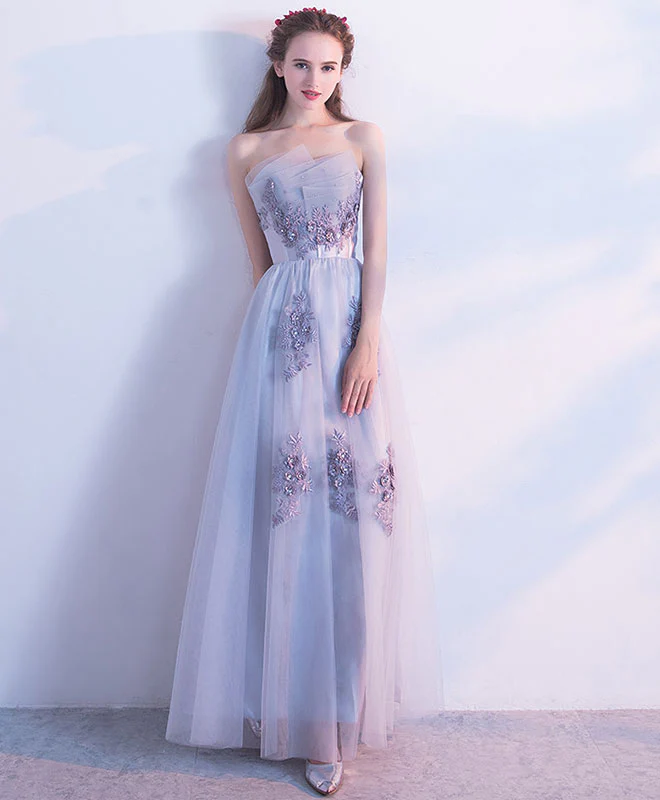 Gray Tulle Lace Long Prom Dress, Gray Tulle Evening Dress - Deanwangkt