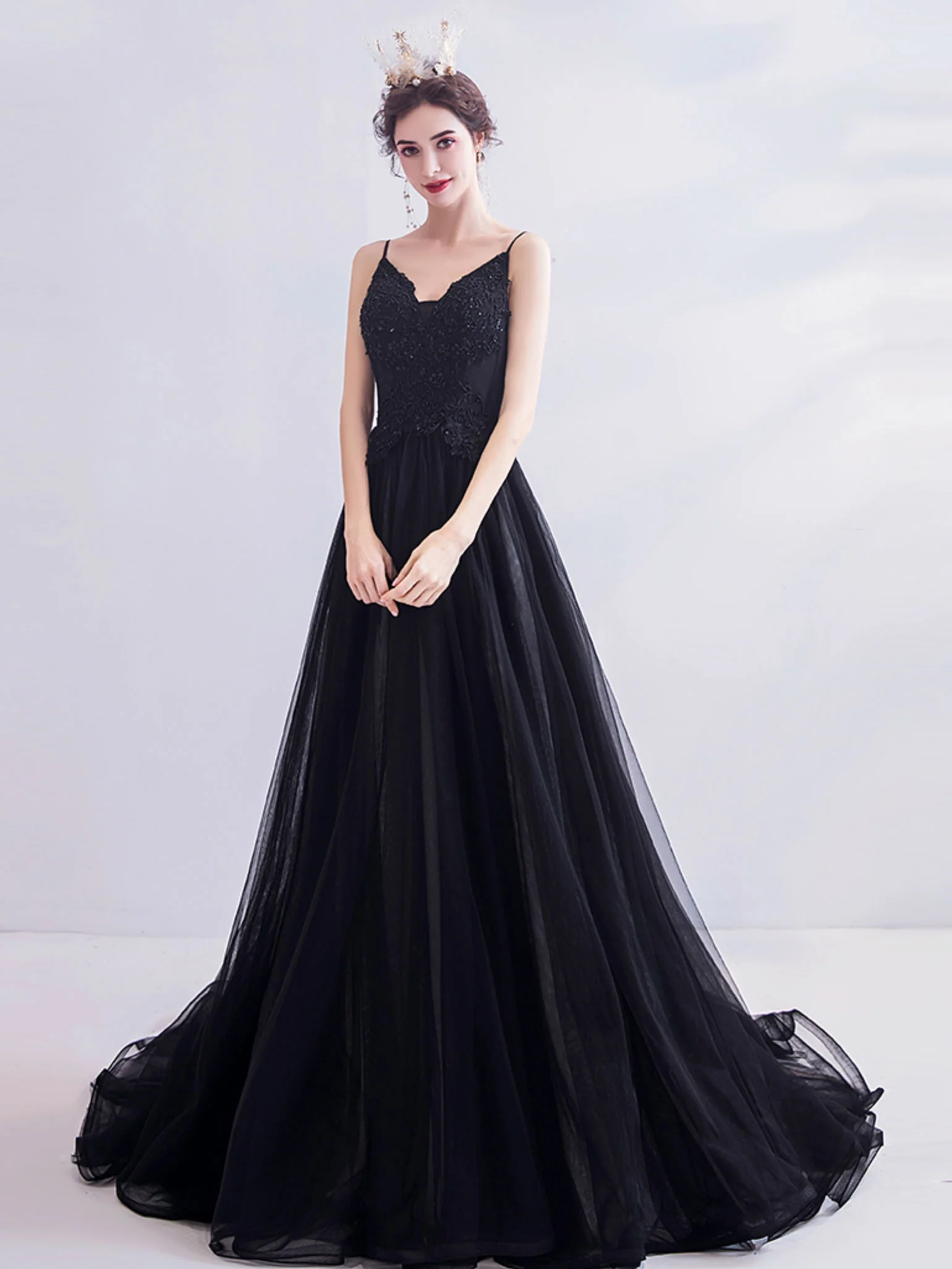 Black V Neck Tulle Lace Long Prom Dress, Black Evening Dress - Deanwangkt