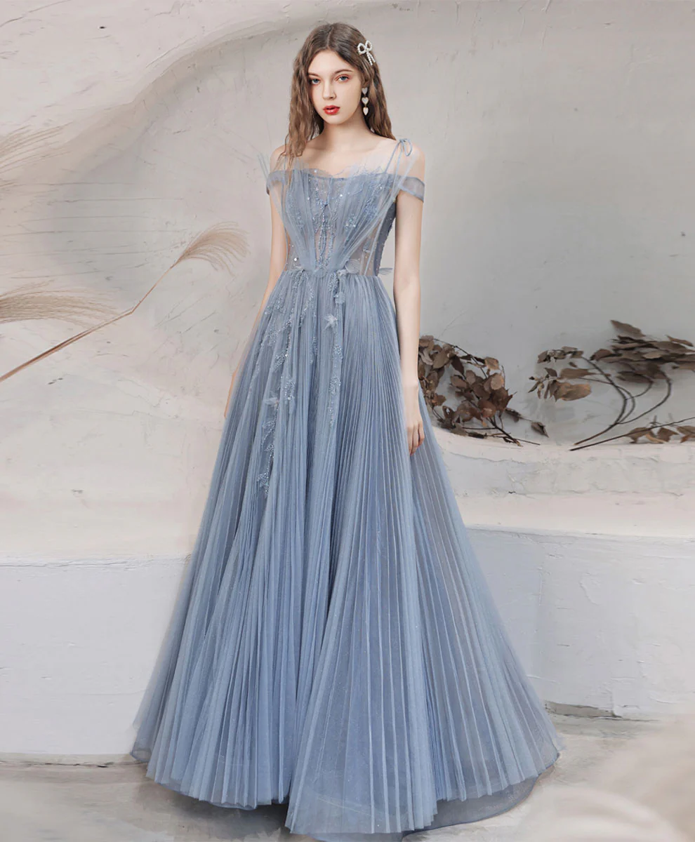 Blue Aline Off Shoulder Long Prom Dress, Blue Formal Graduation Dress with Beading - Deanwangkt