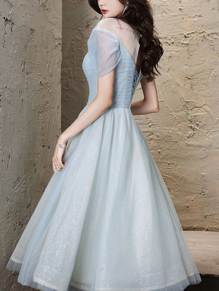 Blue Round Neck Tulle Short Prom Dress, Blue Homecoming Dress - Deanwangkt