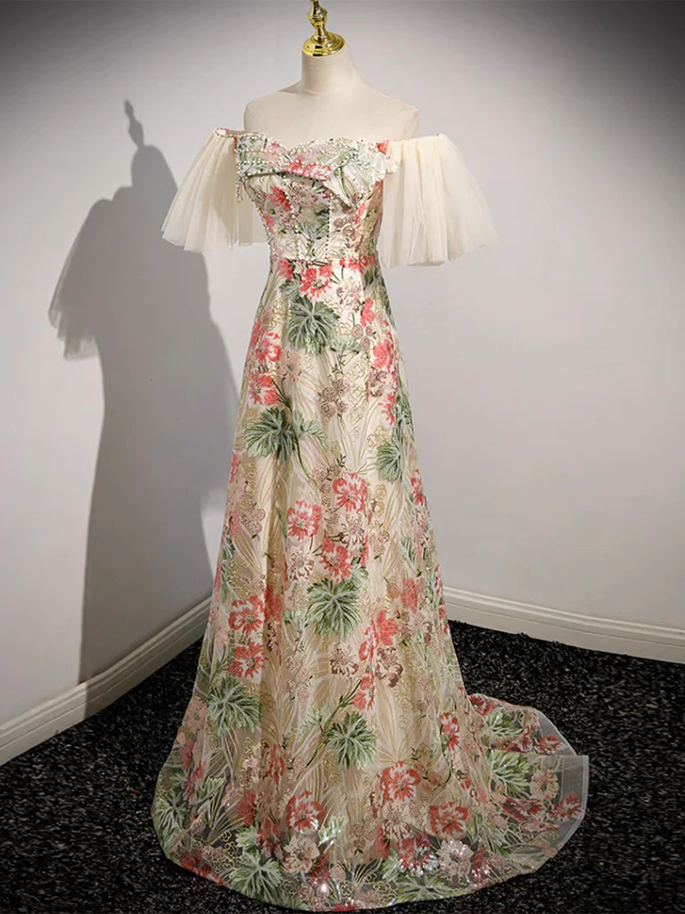 Champagne Lace Long Prom Dress, Champagne Lace Long Formal Dress - Deanwangkt