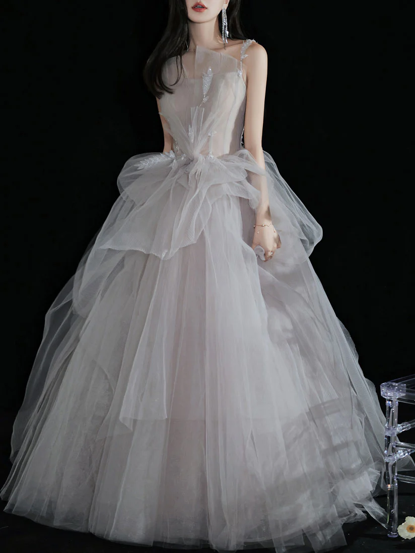 Light Gray Tulle Lace Long Prom Dress, Tulle Lace Formal Dress - Deanwangkt