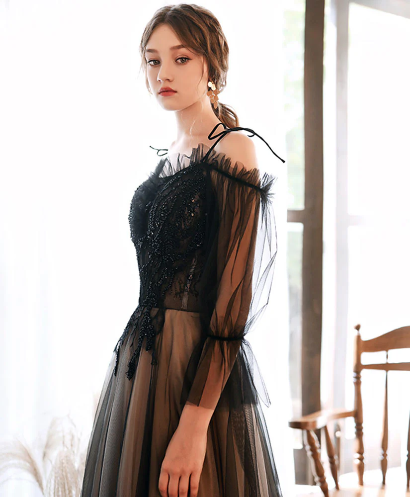 Black Tulle Lace Long Prom Dress Black Lace Evening Dress - Deanwangkt