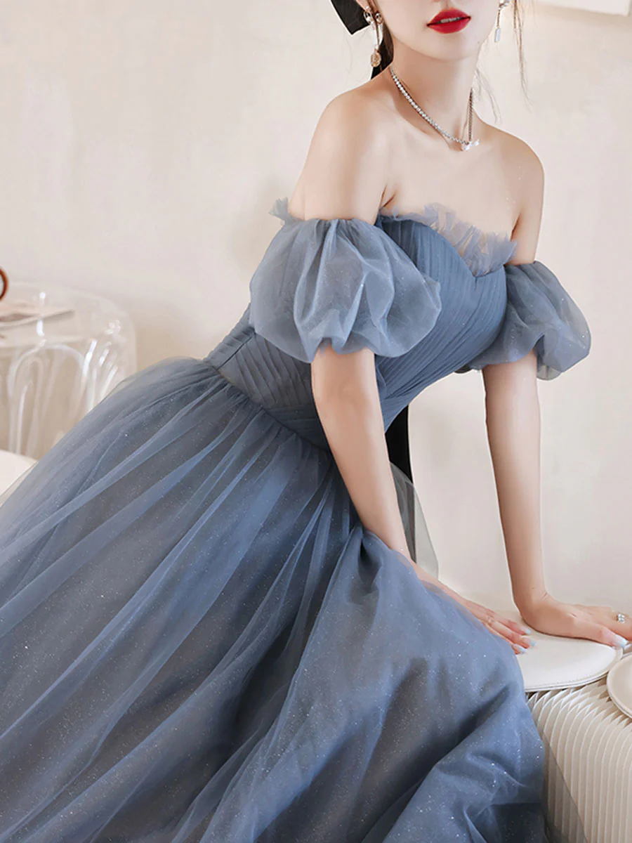 Gray Blue Tulle Long Prom Dress, Gray Blue Evening Dress - Deanwangkt