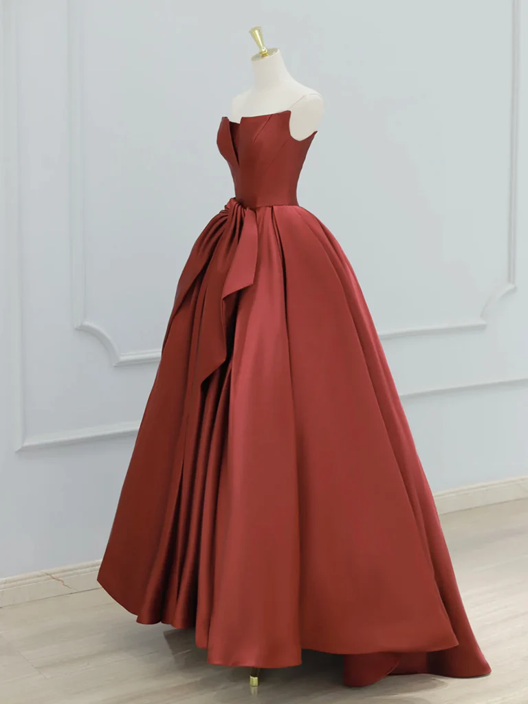 A-Line Satin Dark Red Long Prom Dress, Dark Red Formal Dress - Deanwangkt