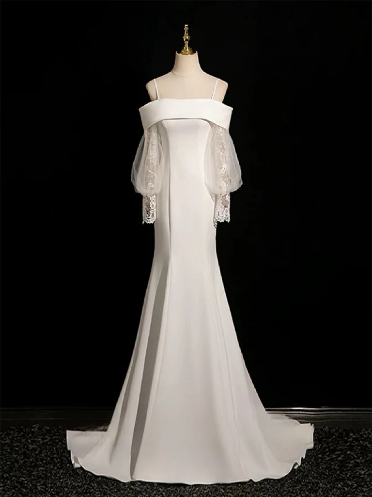 White Long Sleeve Lace Long Prom Dress, White Long Bridal Dress - Deanwangkt