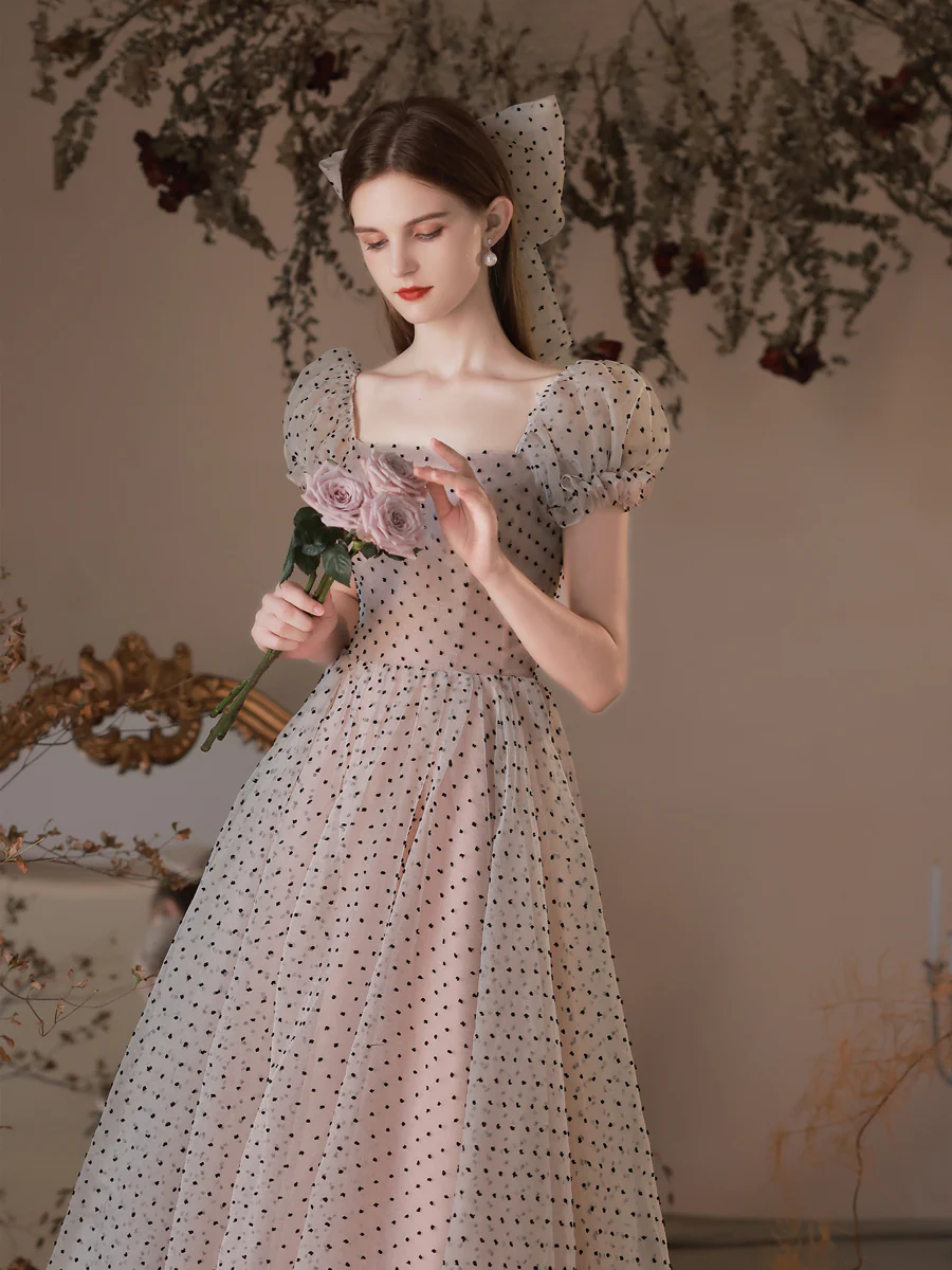 A Line Polka Dot Tulle Tea Length  Pink Prom Dresses, Puff Sleeves Homecoming Dress - Deanwangkt