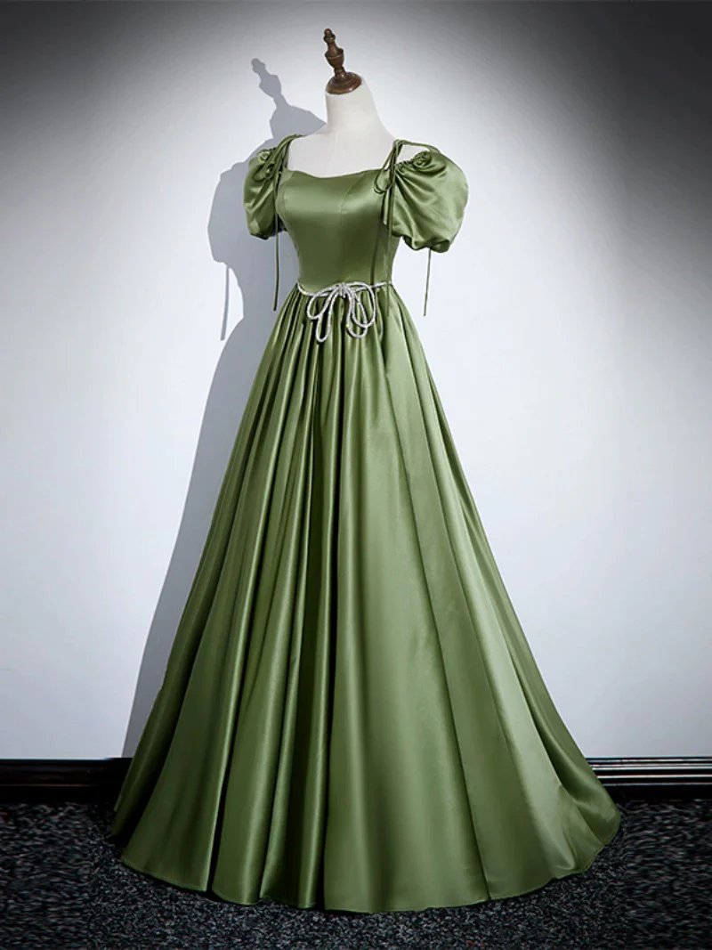 A-Line Satin Green Long Prom Dress, Green Formal Evening Dress - Deanwangkt