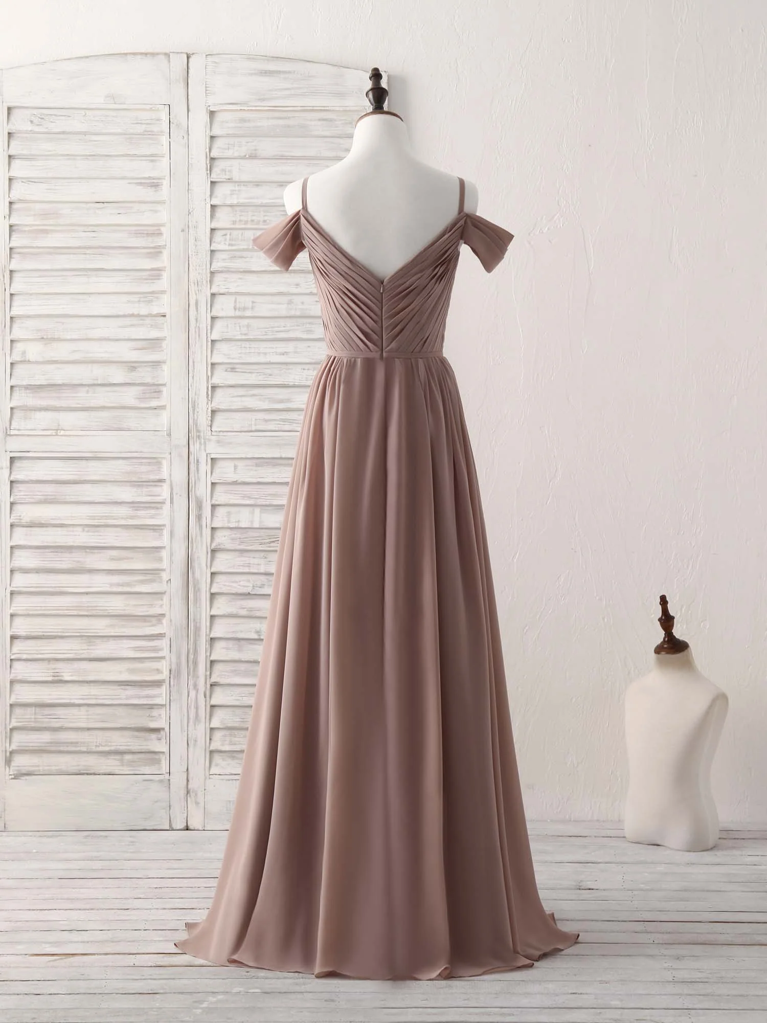 Simple V Neck Dark Champagne Chiffon Long Prom Dress, Bridesmaid Dress - Deanwangkt