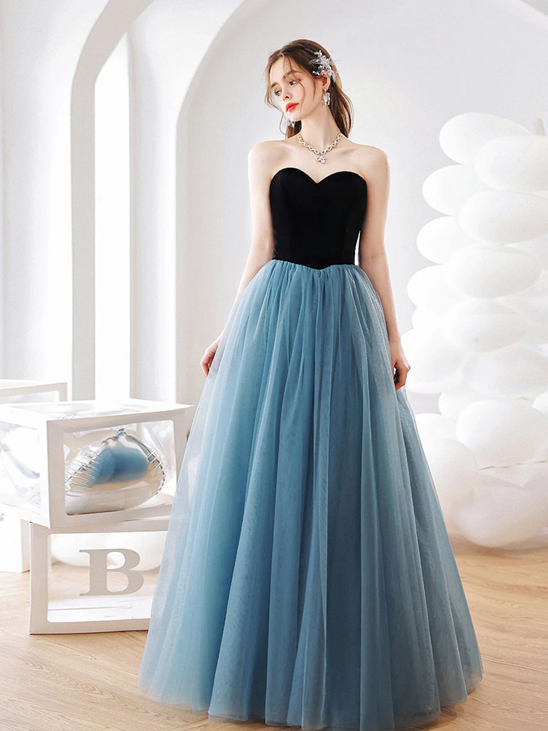 Aline Blue Tulle Long Prom Dress, Blue Long Graduation Dresses - Deanwangkt