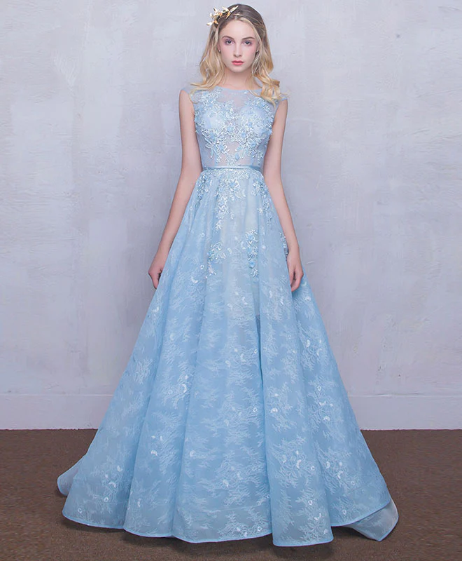 Blue Round Neck Lace Long Prom Dress, Blue Sweet 16 Dress - Deanwangkt