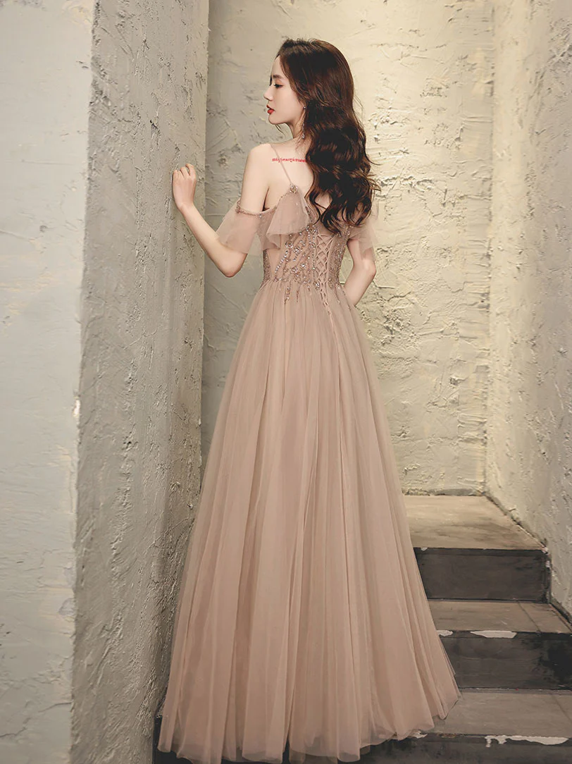 Champagne V Neck Tulle Beads Long Prom Dress, Champagne Evening Dress - Deanwangkt